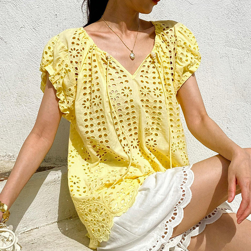 Vacation Style Embroidered Top Short Sleeve French Style Design