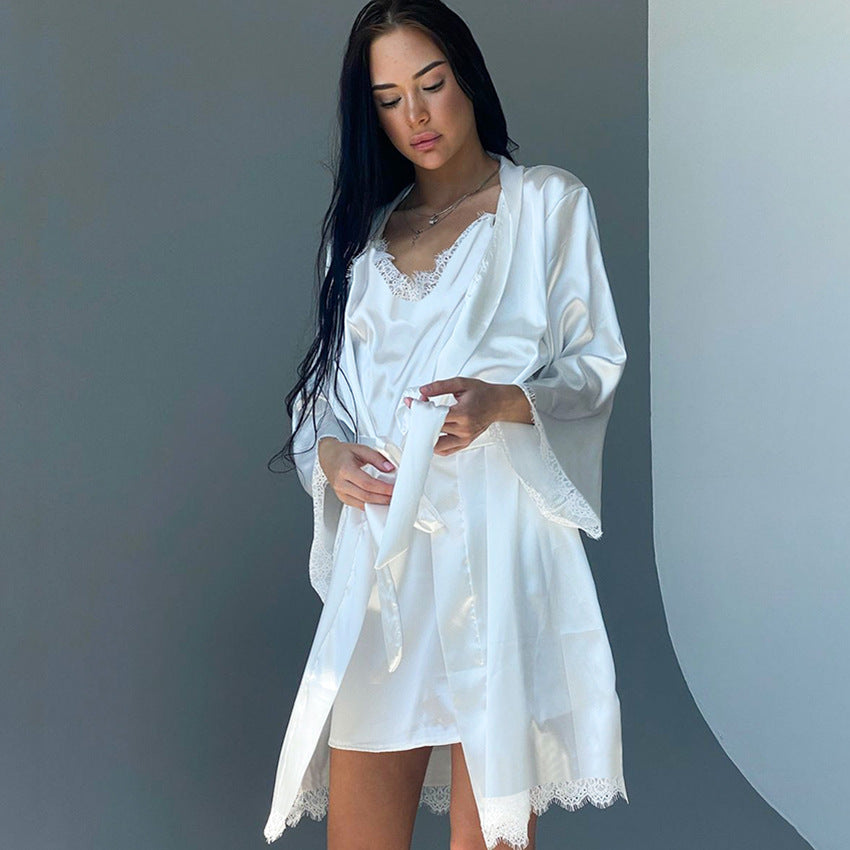 Comfortable Breathable Ice Silk Pajamas Cardigan Lace-up Nightdress Home Wear Two-piece Set