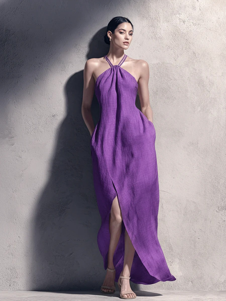 Womens Cinched Waist Side-Slit Halter Dress