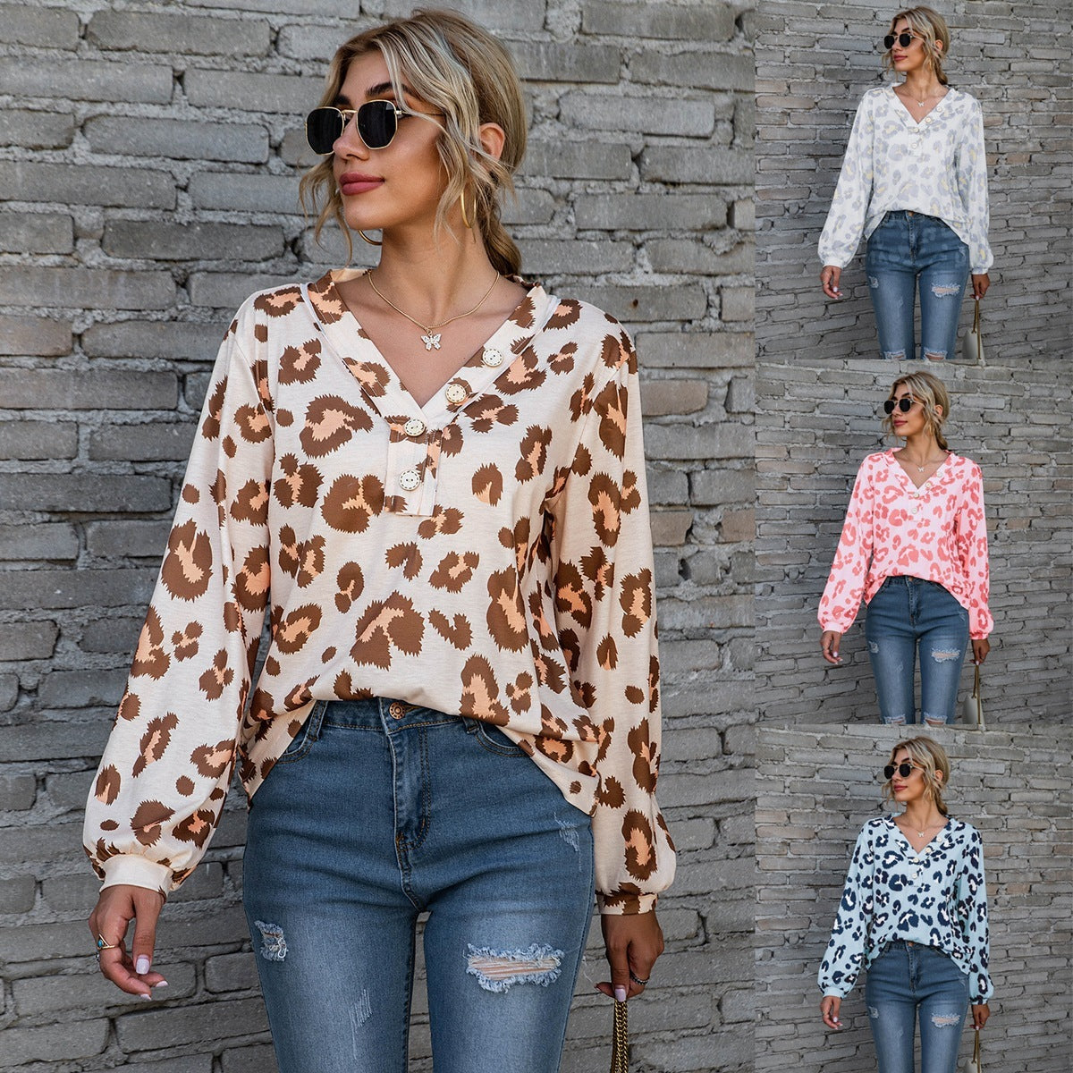 Leopard Print V-neck T-shirt Loose Long Sleeve Tops For Clothing