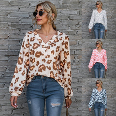 Leopard Print V-neck T-shirt Loose Long Sleeve Tops For Clothing