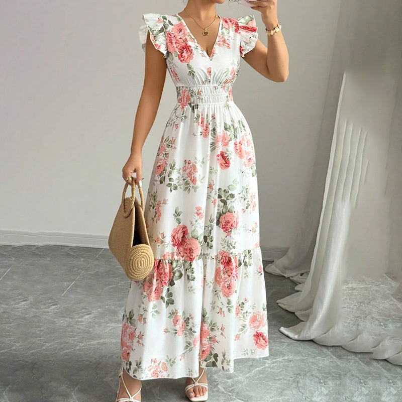 Womens Casual Maxi Dress Flutter Short Sleeve V Neck Smocked A Line Flowy Beach Vacation Long Dresses