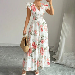 Womens Casual Maxi Dress Flutter Short Sleeve V Neck Smocked A Line Flowy Beach Vacation Long Dresses