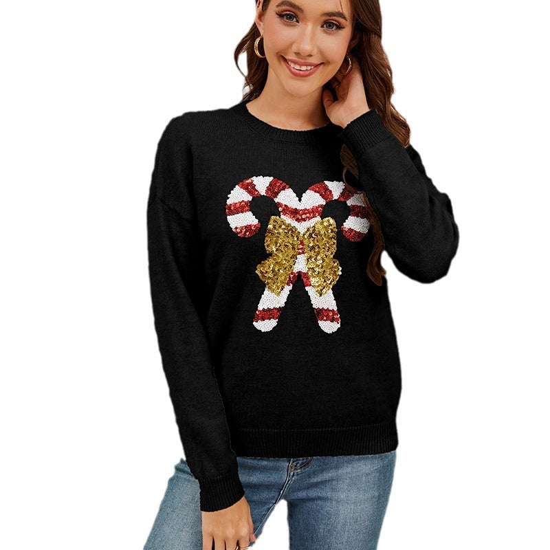 Christmas Crutches Bow Sequined Sweater
