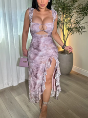 Elegant Style Beveled Lotus Leaf Lace Chest Hollow Design Gentle Dress Long Skirt