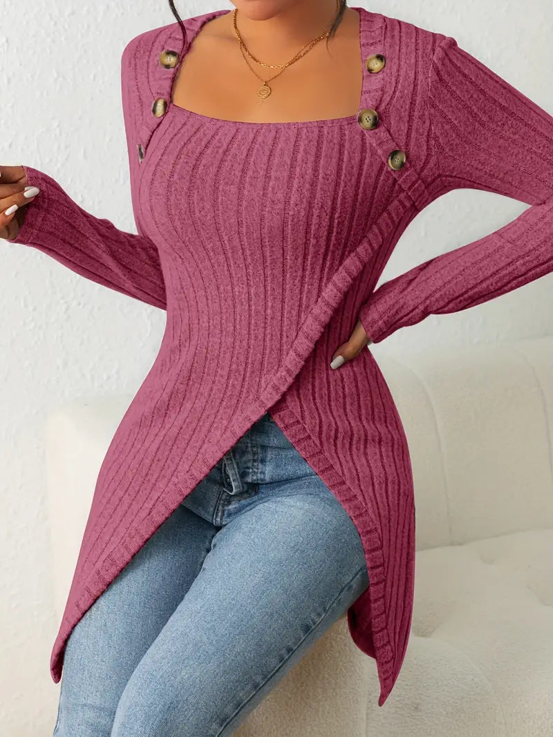Square Collar Irregular Knitted Top With Button Design Solid Long-sleeved Long Top For Clothing