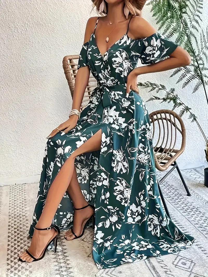 Ins Off-Shoulder Split Dress Floral Print Suspender Long Dresses With Belt Design Beach Clothing