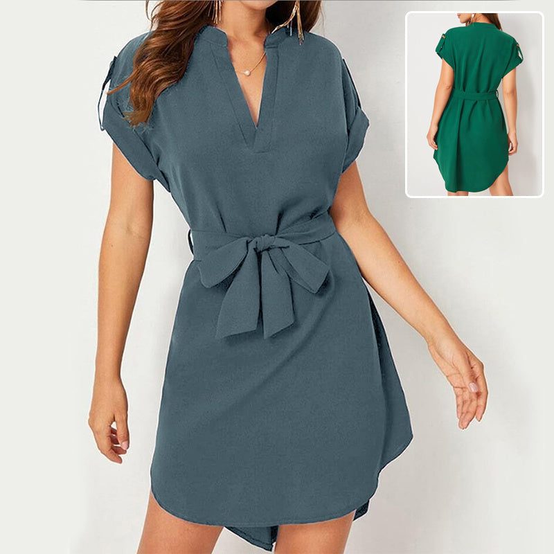V-neck Short Sleeve Dress With Belt Bowknot Dresses For Clothing