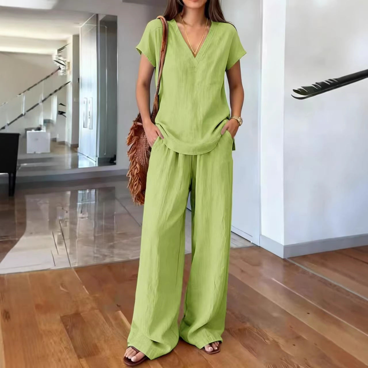 V-neck Short-sleeve T-shirt And Wide-leg Pants Womens Suit