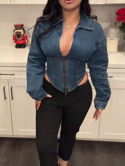 Denim Collar Solid Corset Zipper Jacket