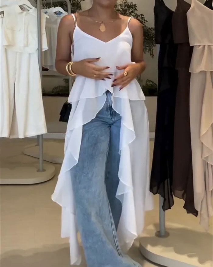 Temperament V-Neck Ruffled Irregular Halter-Neck Dress