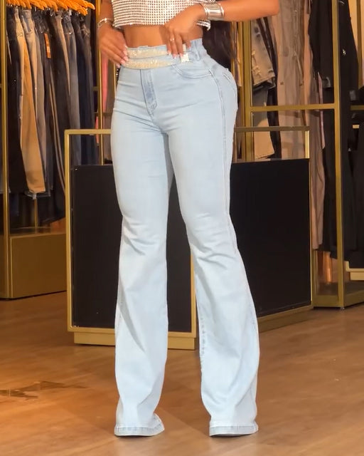 Rhinestone Details Slim-Fit Skinny Flared Jeans