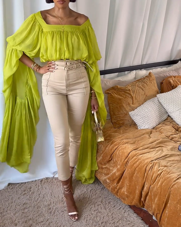 Square Neck Chiffon Ruffled Puff Sleeve Bubble Crop Top