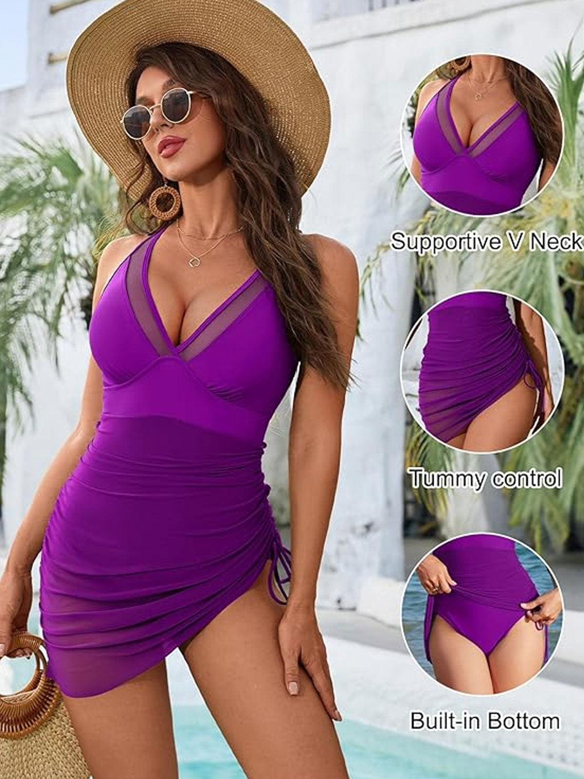 Tummy Control Mesh Sheer Sarong Wraps One Piece Swim Dress