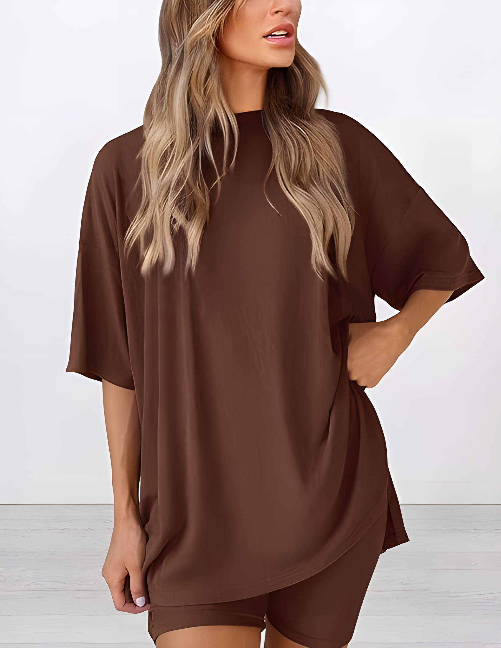 Summer Casual Two-Piece Lounge Set Oversized Split Hem Shirt
