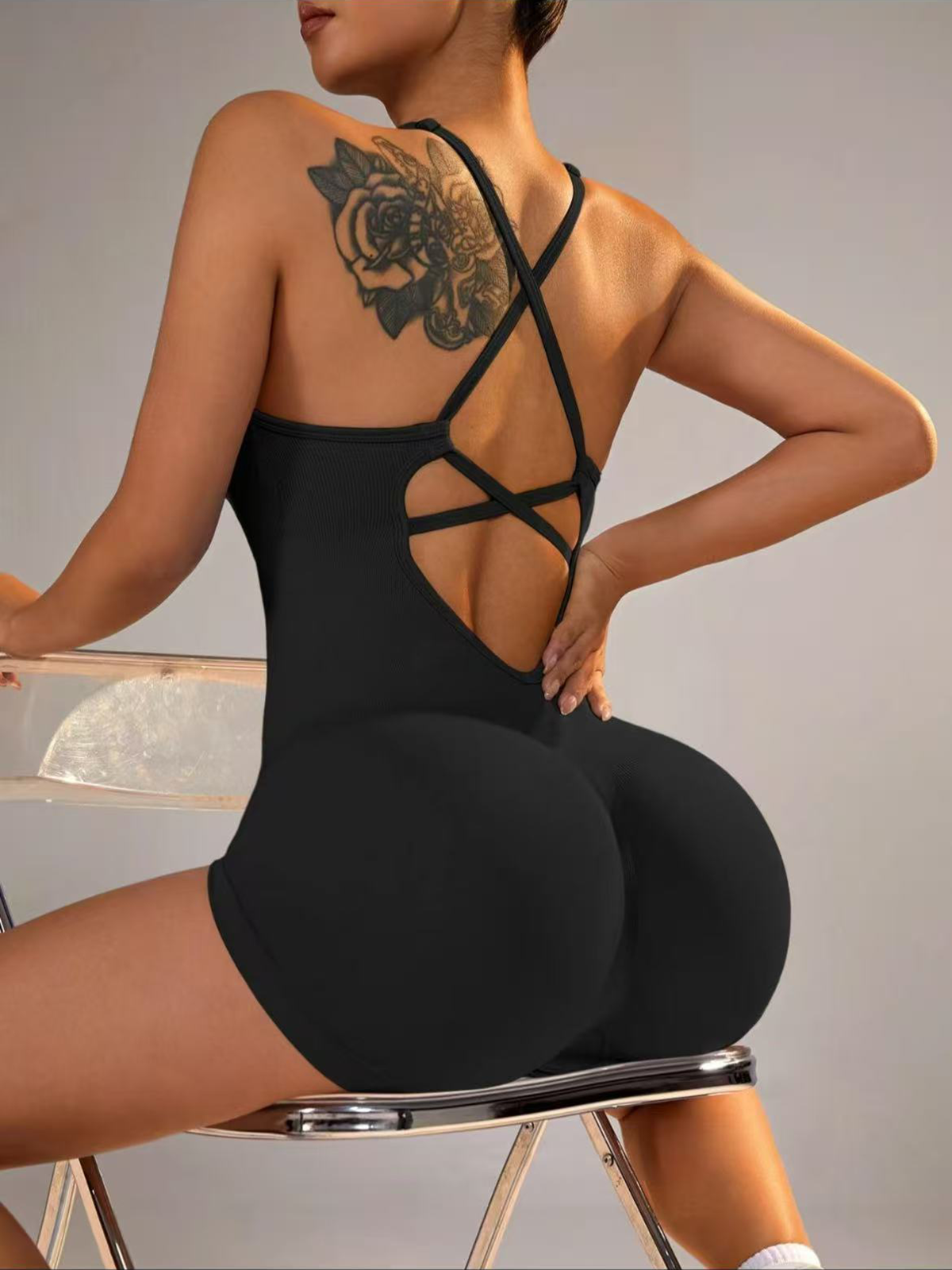Adjustable Strap Sleeveless Solid Color Cross Backless Thickened Sports Bodysuit