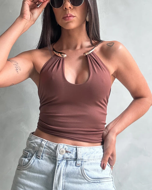 Metal Choker Halter Top With Waist Tie Detail