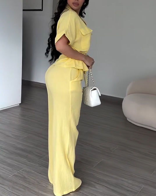2 Piece Outfits Short Sleeve Drawstring Shirts and Wide Leg Pants With Pockets
