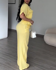 2 Piece Outfits Short Sleeve Drawstring Shirts and Wide Leg Pants With Pockets