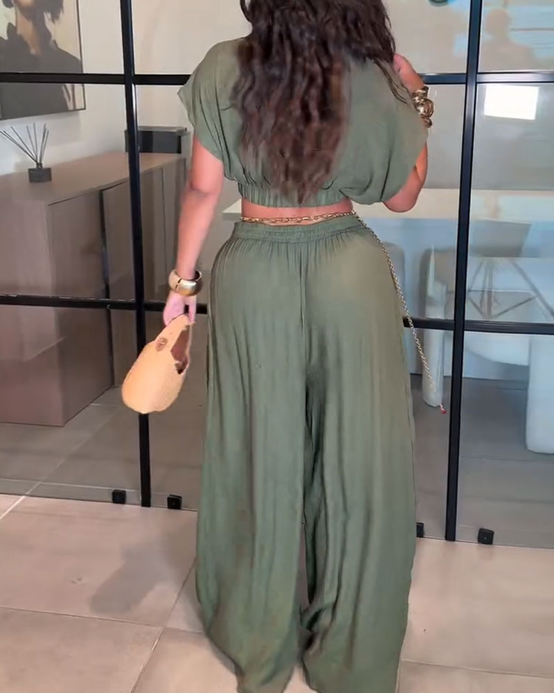 Casual Lapel Cropped Top Wide Leg Pants 2-Piece Set
