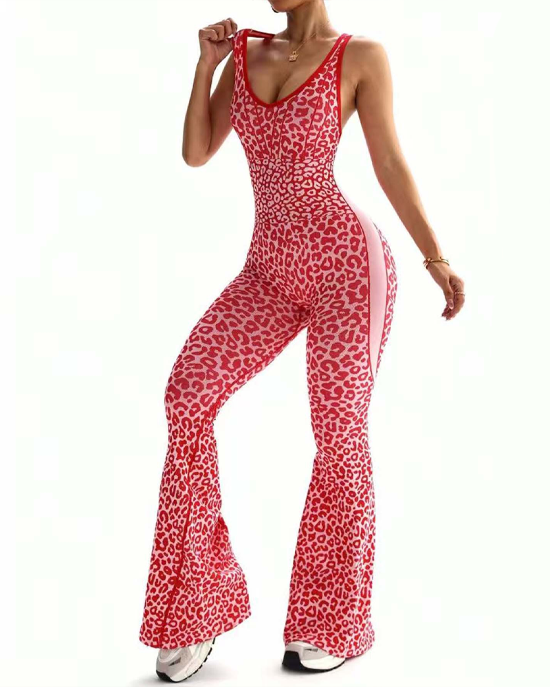 Leopard Print Criss-Cross Backless Seamless Flared Jumpsuit