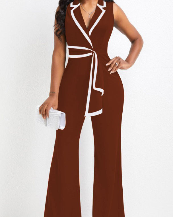 V-Neck Splicing Sleeveless Wide-Leg Jumpsuit