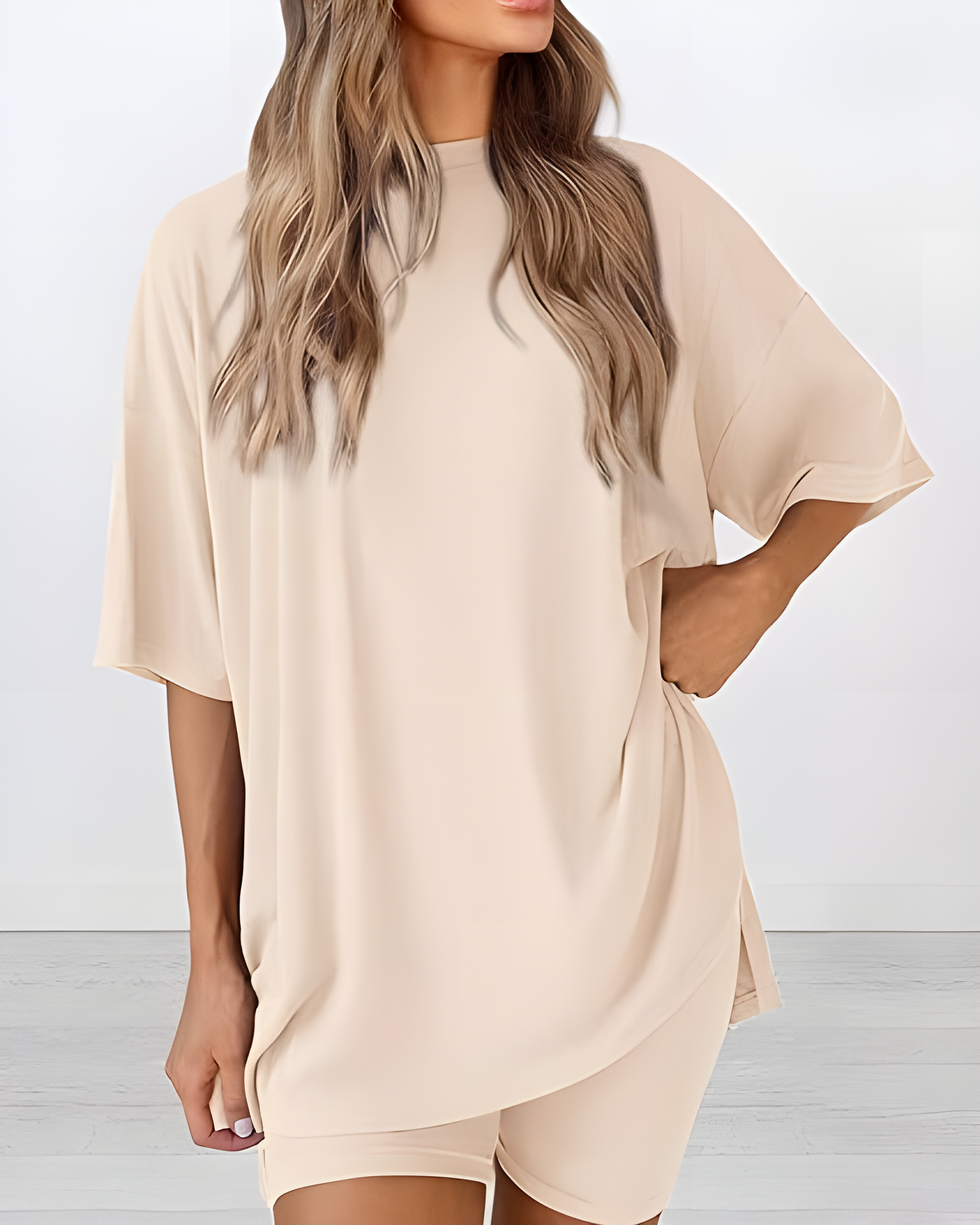 Summer Casual Two-Piece Lounge Set Oversized Split Hem Shirt