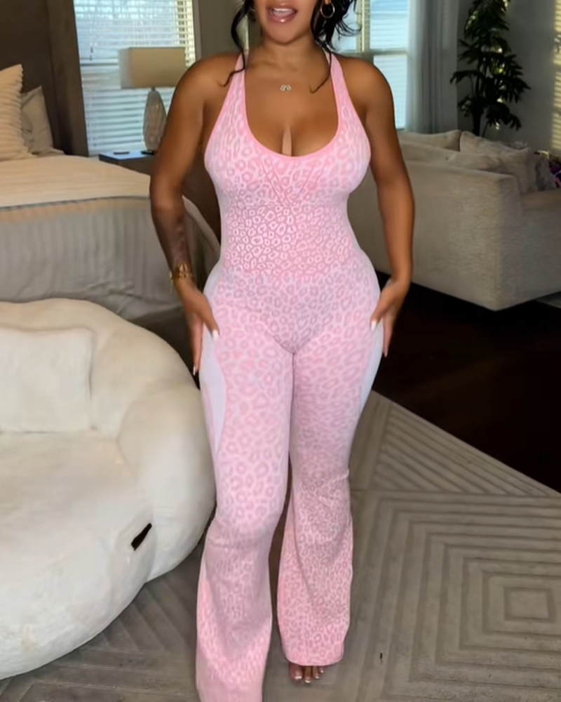 Leopard Print Criss-Cross Backless Seamless Flared Jumpsuit