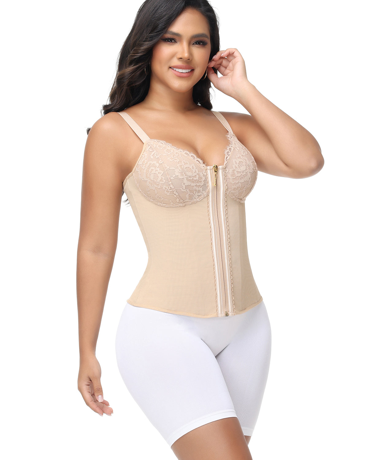 Deep V Lace Corset Top Trimmed Waist Trainer with Front Zipper