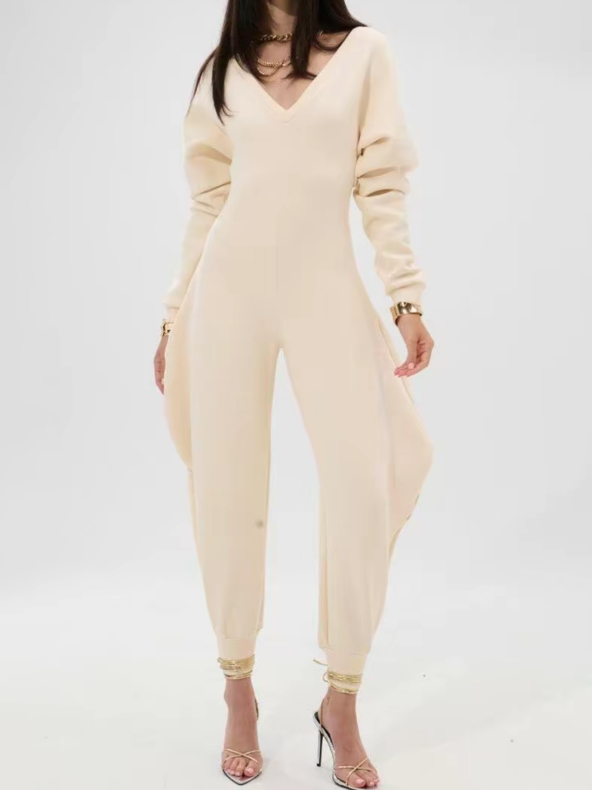 V-Neck Slim Long-Sleeved Jumpsuit