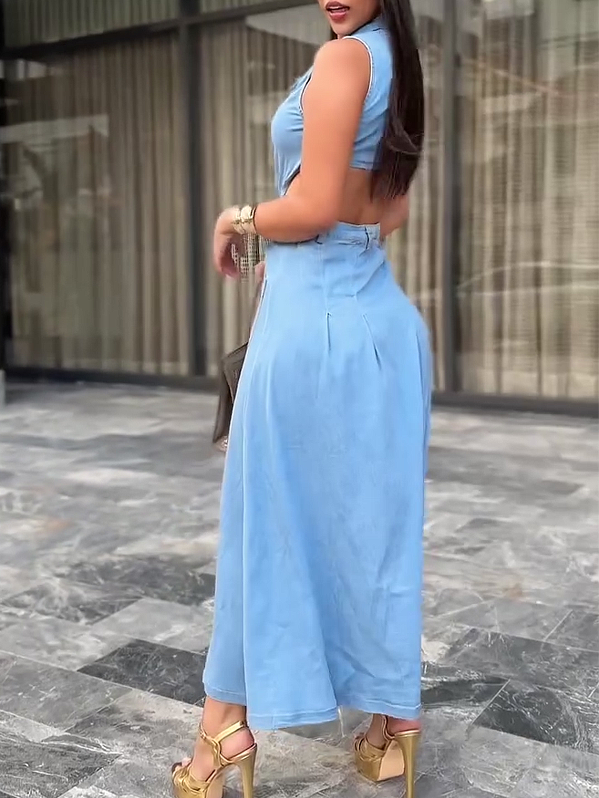 V-neck Metal Button Sleeveless Long Dress