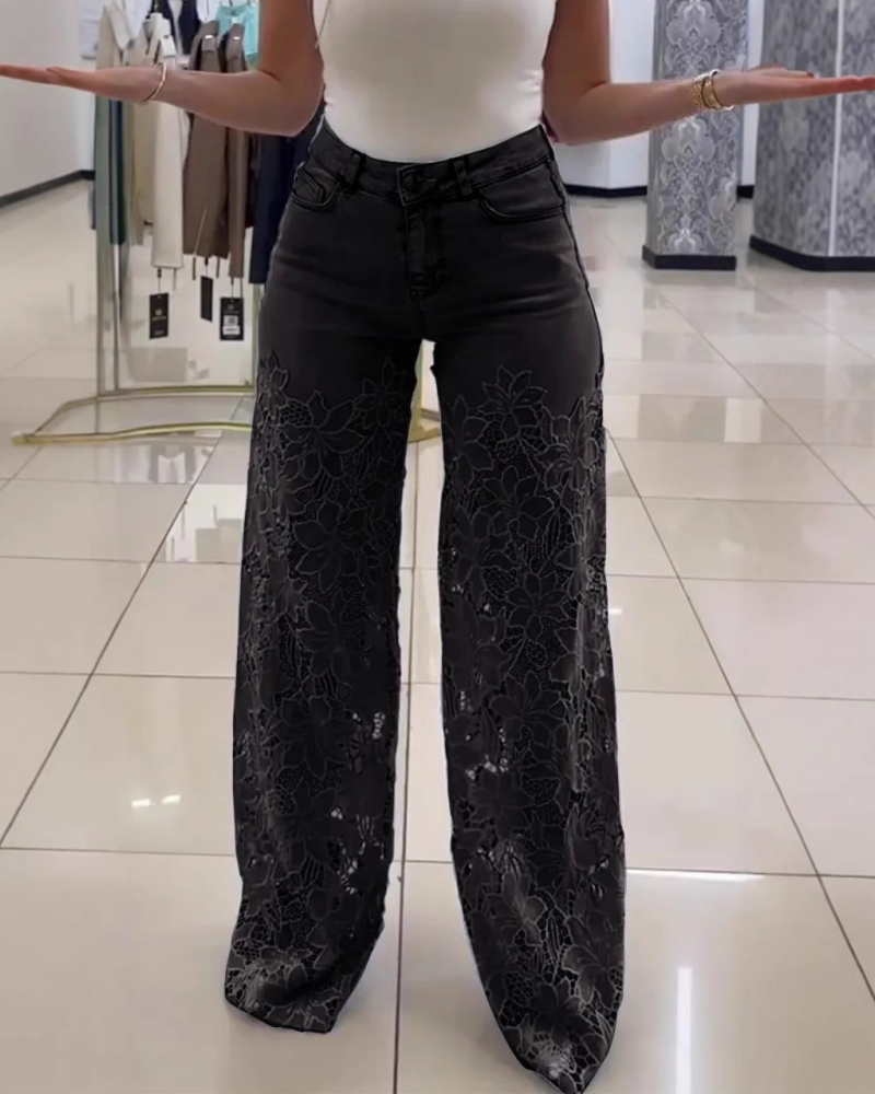 New See Through Lace Slim Straight Leg Jeans