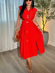 Business Suit Sleeveless Shirt Collar Dress Waist Hollow Design Long Skirt