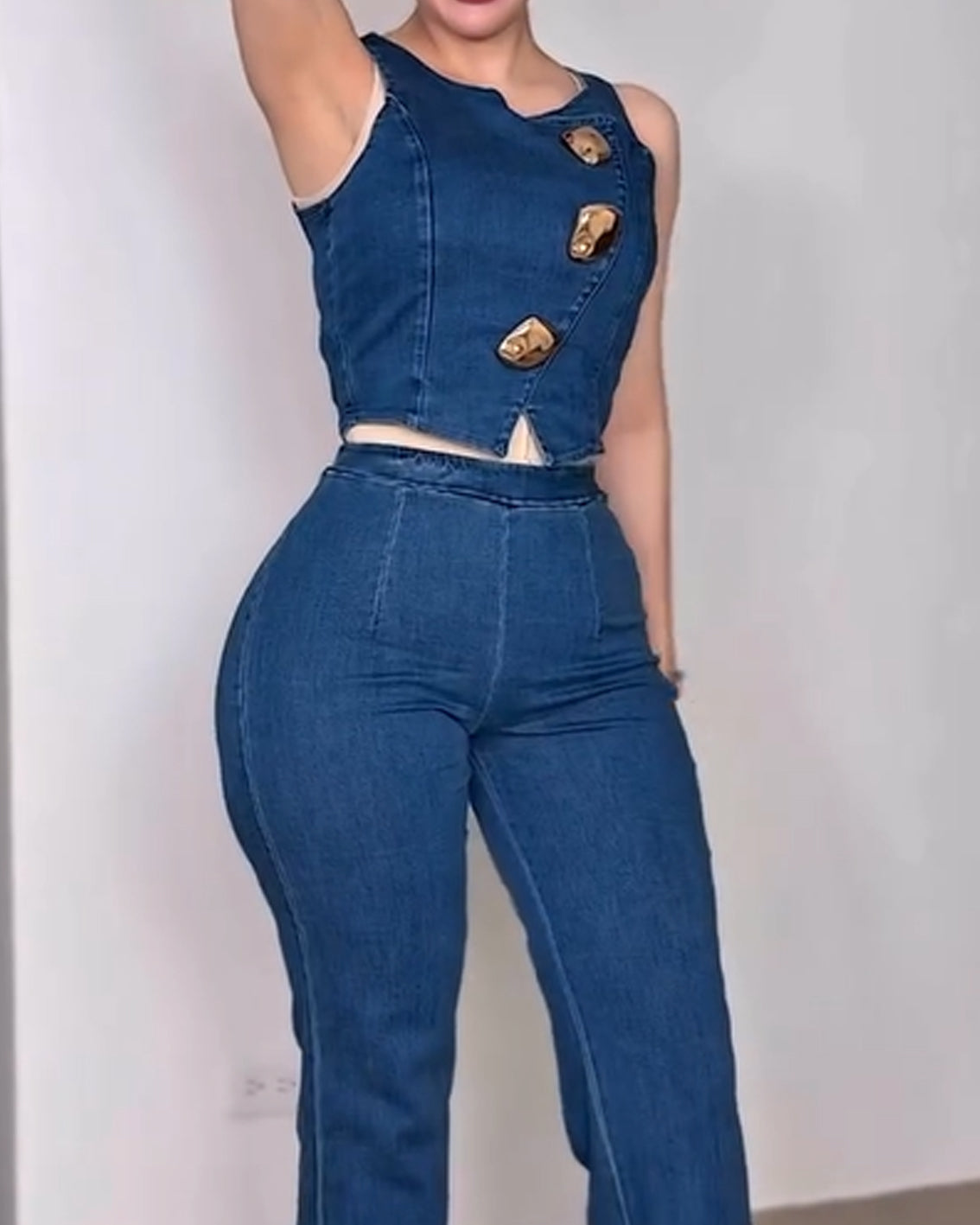 Metal Button Round Neck Sleeveless Denim Vest Wide-Leg Pants Set