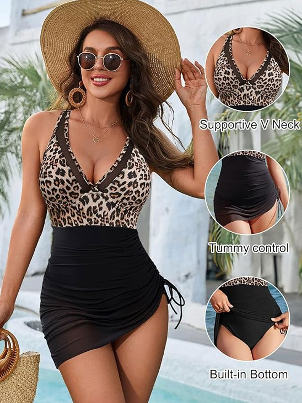Tummy Control Mesh Sheer Sarong Wraps One Piece Swim Dress