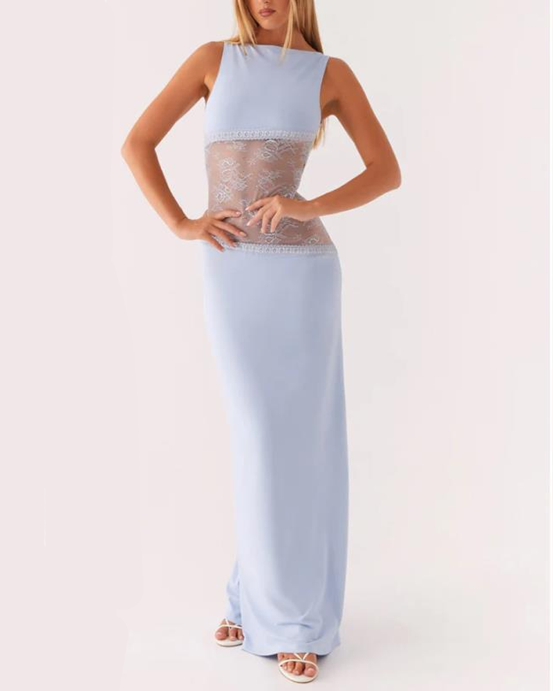 Slim Lace Satin Patchwork Backless Maxi Dress