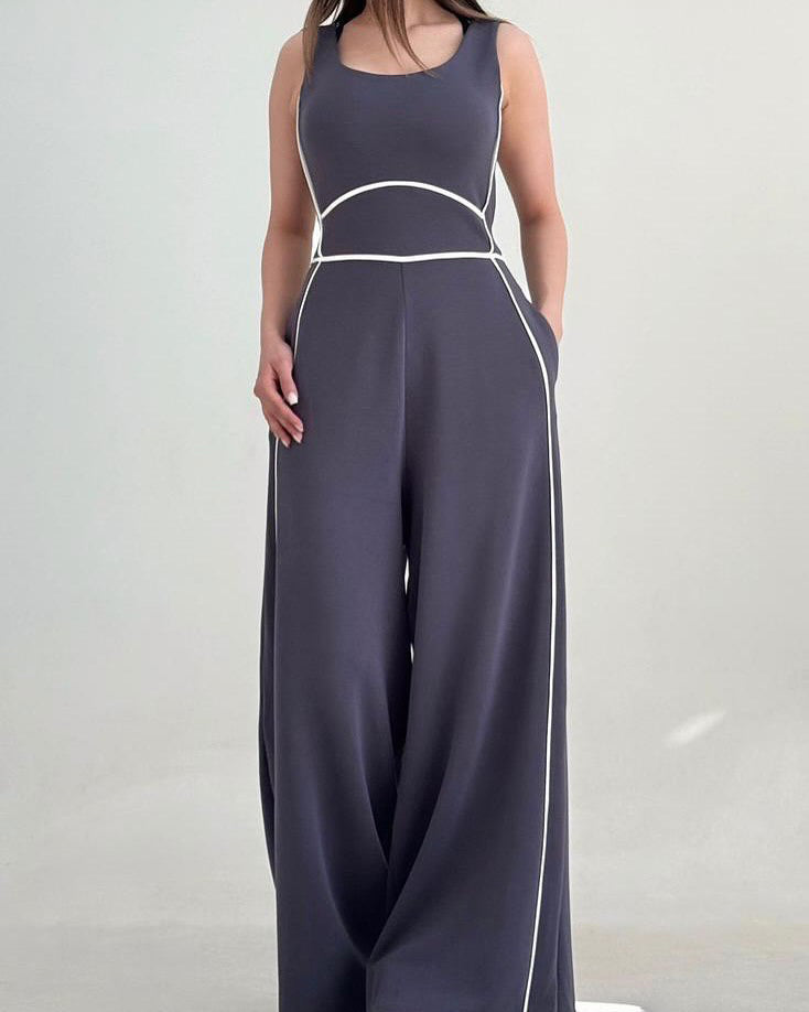Sleeveless Wide-Leg Jumpsuit with Contrast Piping