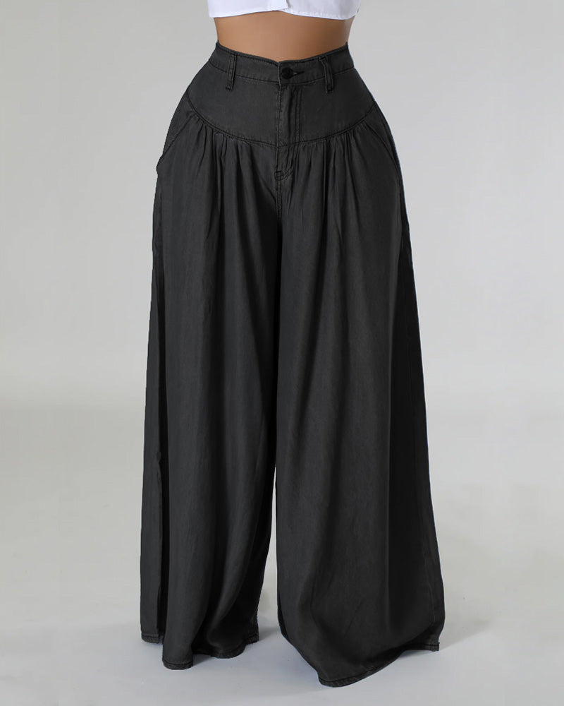 Solid Color Long Wide Leg Flared Pants