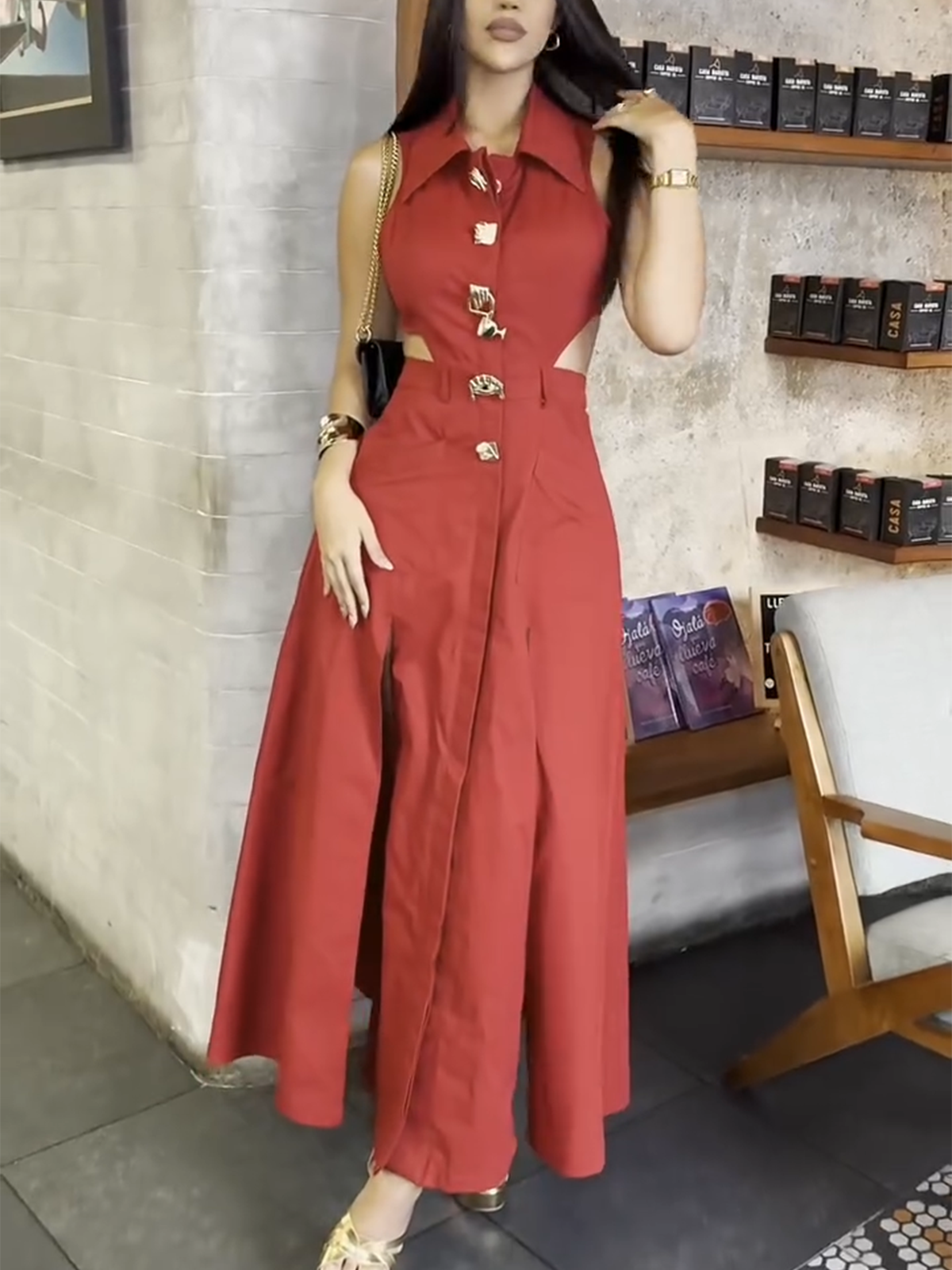 V-neck Metal Button Sleeveless Long Dress