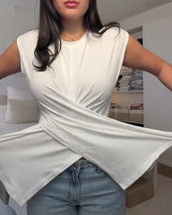 Casual Asymmetrical Criss Cross Back Tie Top For Knitted Round Neck Drop Shoulder Sleeve T-Shirt