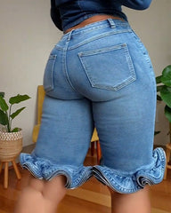 Wave Ruffle Hem Slim Denim Shorts