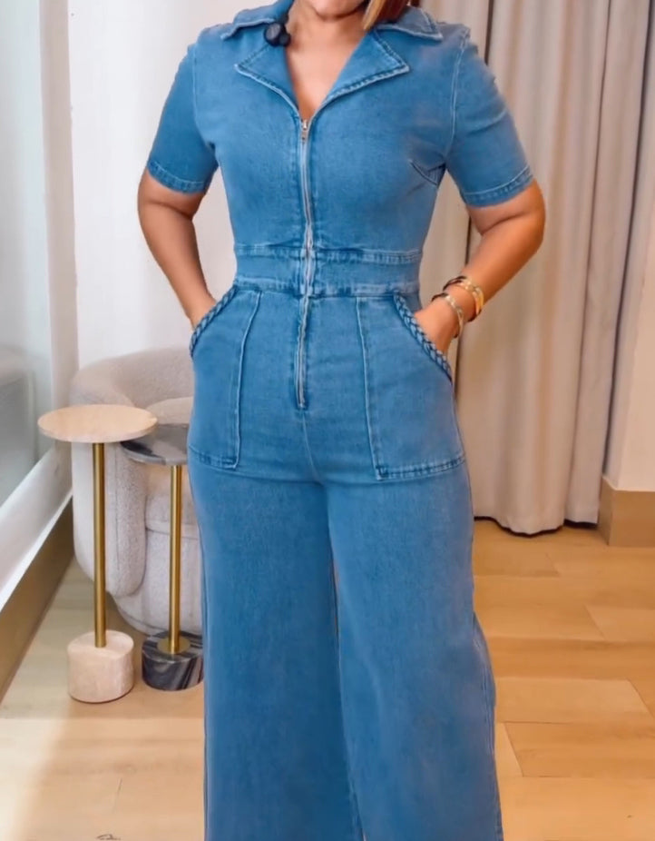 Casual Short Sleeve Loose Straight Leg Demin Jumpsuits with Pockets
