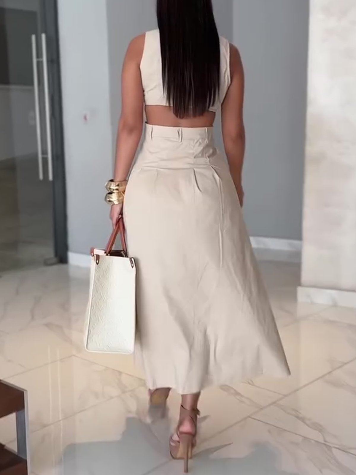 V-neck Metal Button Sleeveless Long Dress