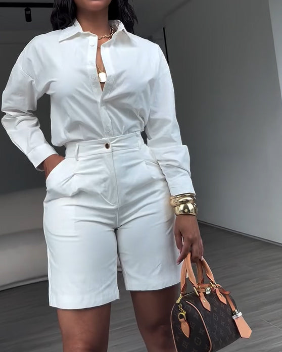 2 Piece Sets For Elegant Button-Down Shirt Paired with Tailored Bermuda Shorts