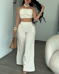 2 Piece Braided Trim Two Piece Outfit with Flared Trousers