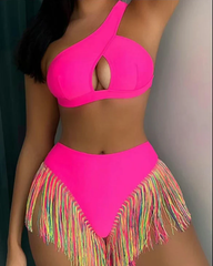 Solid Color Fringe Hem Bikini Set Casual Stylish Chic Swimsuit For Beach Vacation Swimwear For All Seasons
