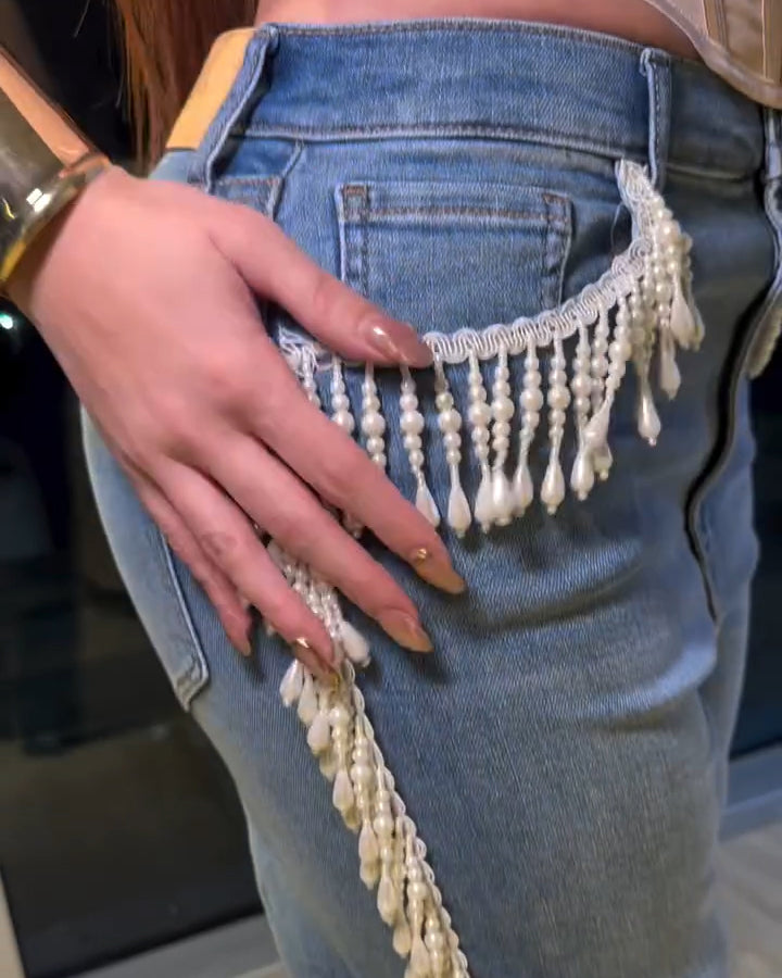 Beaded Tassel Trim Straight Leg Jeans