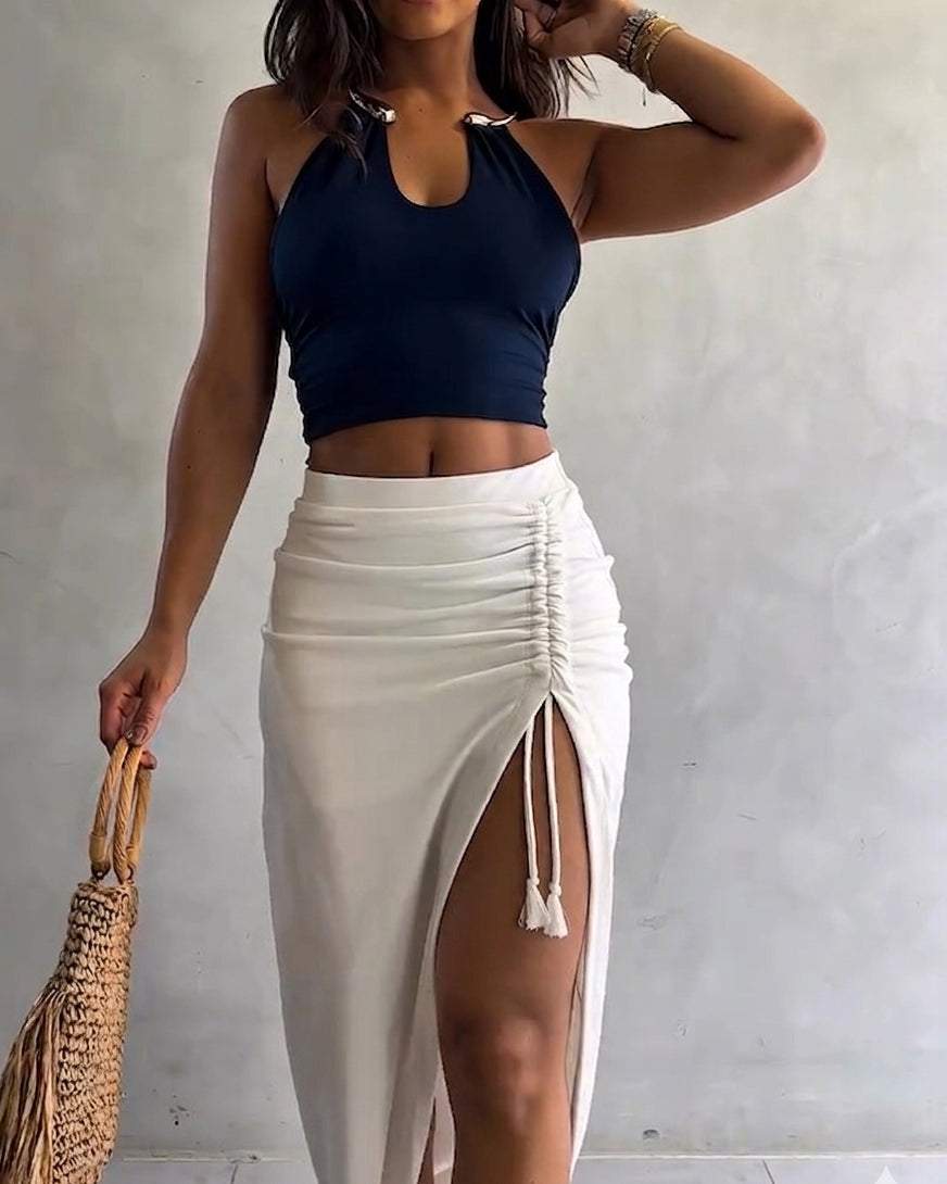 Metal Choker Halter Top With Waist Tie Detail
