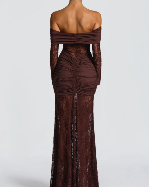 Lace Off-Shoulder Slit Long-Sleeved Dress
