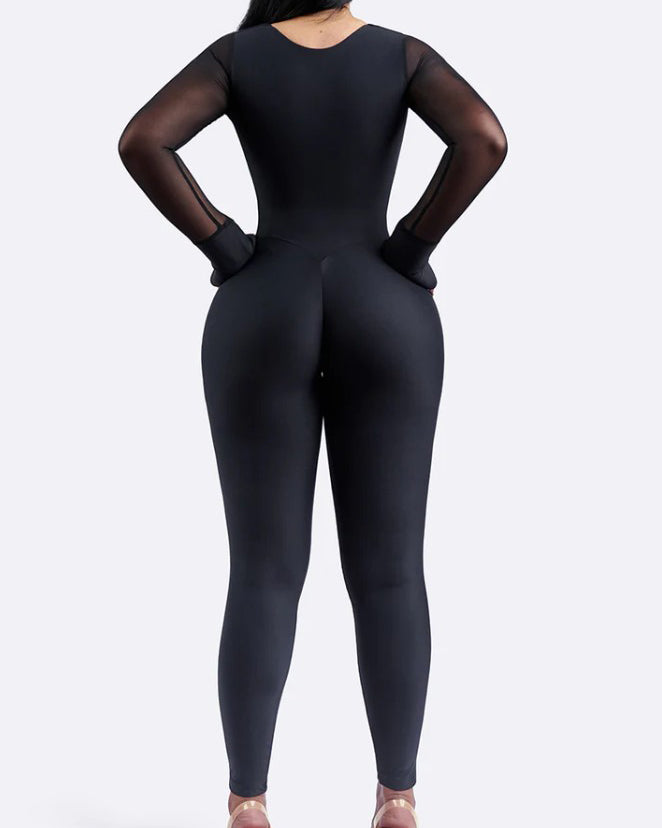 Front Zipper Slim Mesh Long Sleeve Bodycon Jumpsuit